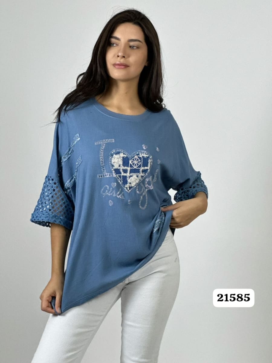 Polera Lino Mangas Tejidas Corazon con Brillos A1-101