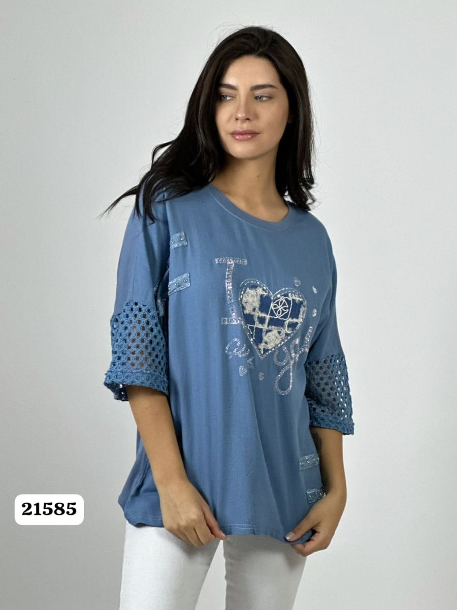 Polera Lino Mangas Tejidas Corazon con Brillos A1-102