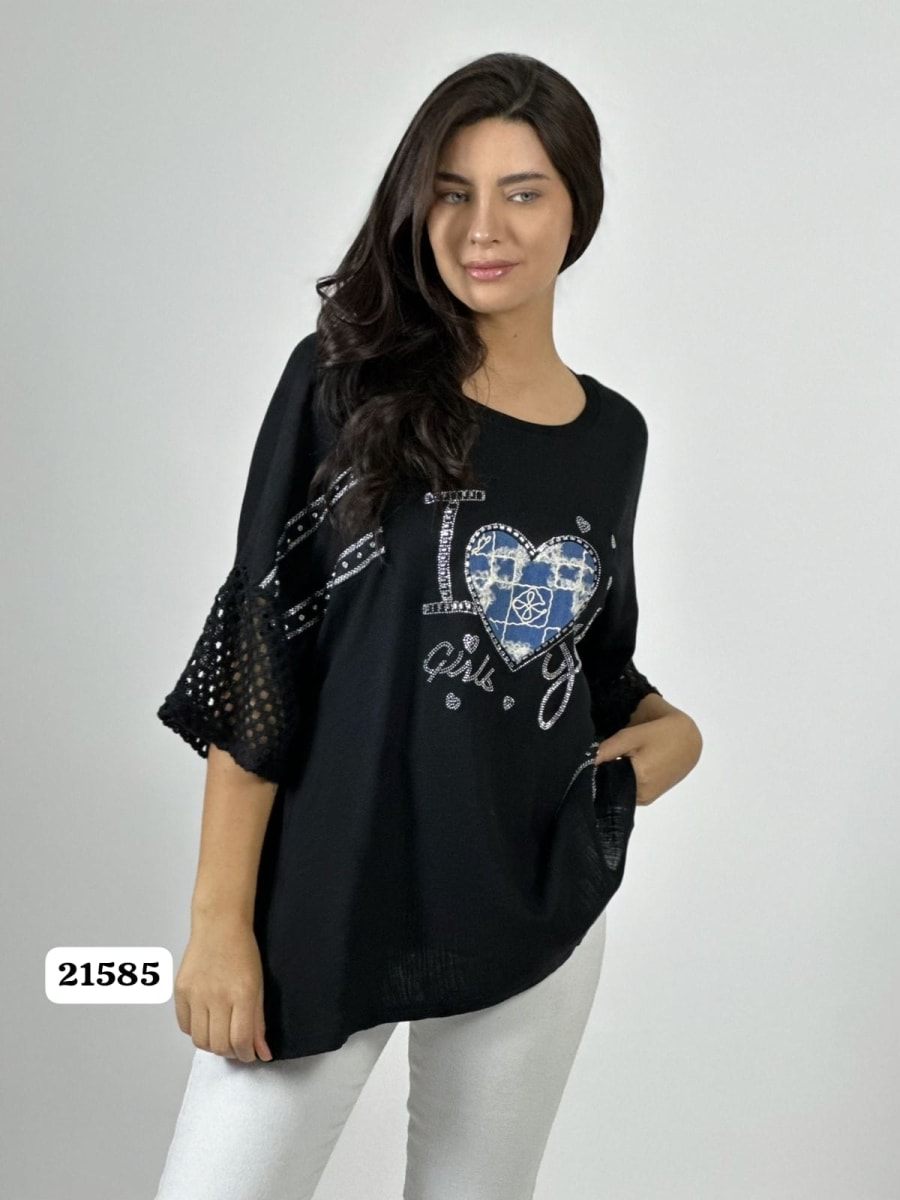 Polera Lino Mangas Tejidas Corazon con Brillos A1-108