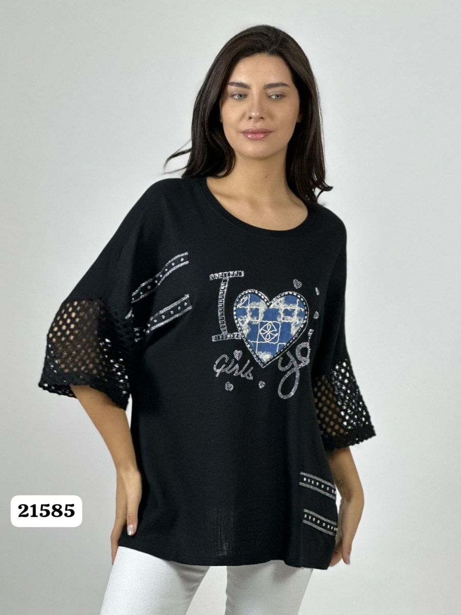 Polera Lino Mangas Tejidas Corazon con Brillos A1-107