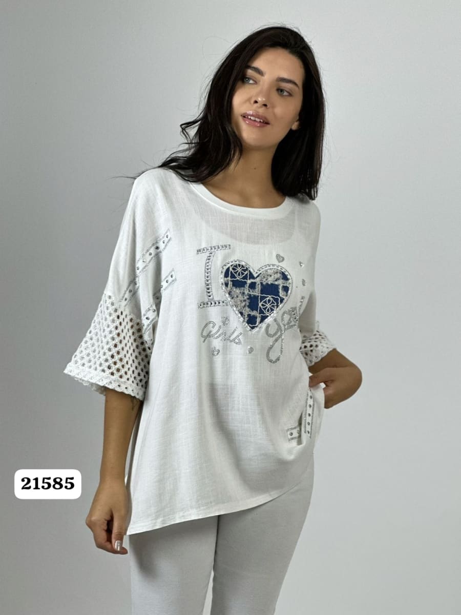 Polera Lino Mangas Tejidas Corazon con Brillos A1-1010