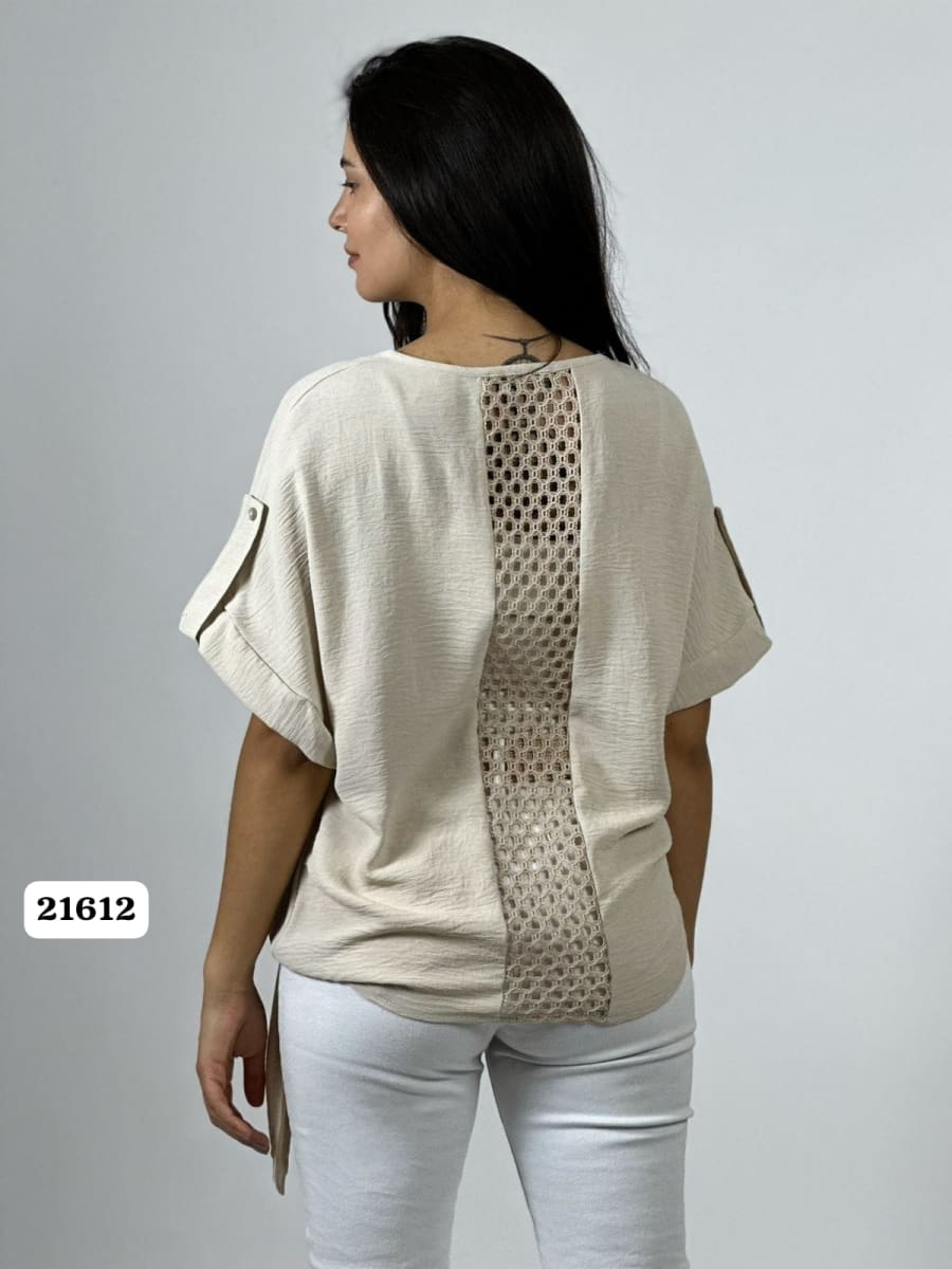 Polera Crepe Flor y Dorso Tejido Brillos Amarrada A1-196