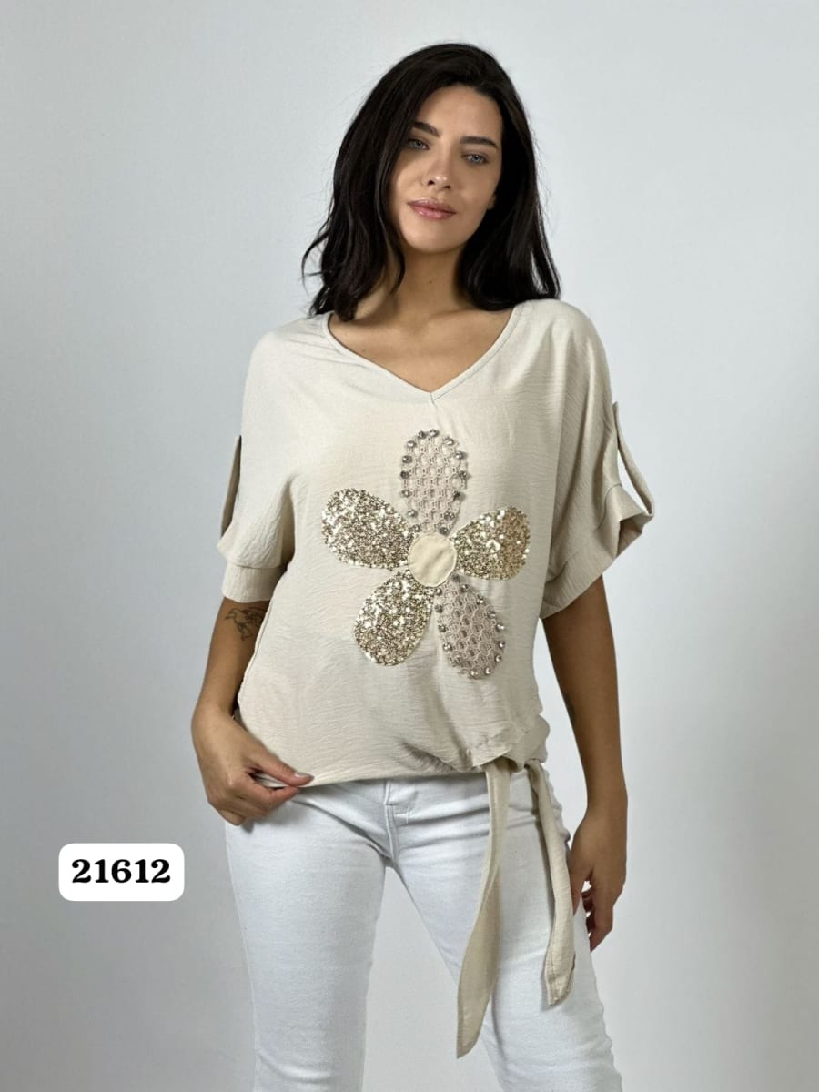 Polera Crepe Flor y Dorso Tejido Brillos Amarrada A1-195