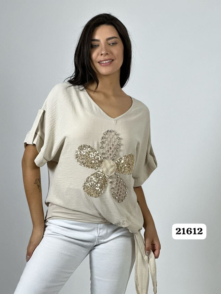 Polera Crepe Flor y Dorso Tejido Brillos Amarrada A1-194