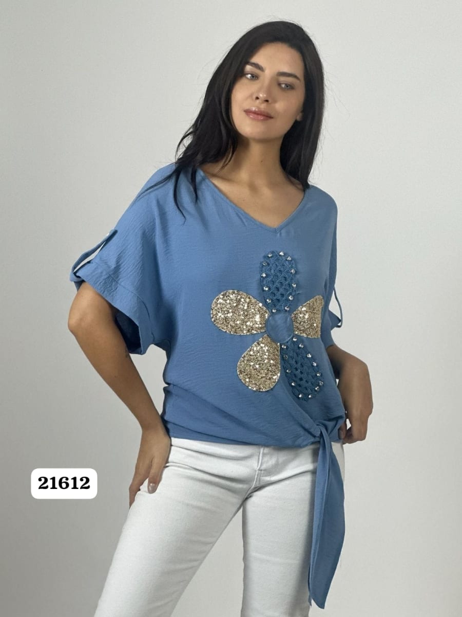 Polera Crepe Flor y Dorso Tejido Brillos Amarrada A1-192
