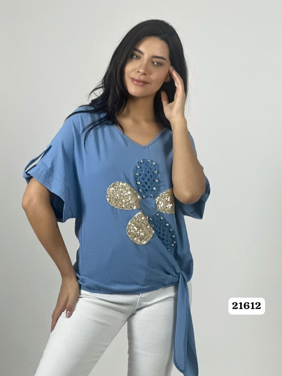 Polera Crepe Flor y Dorso Tejido Brillos Amarrada A1-191