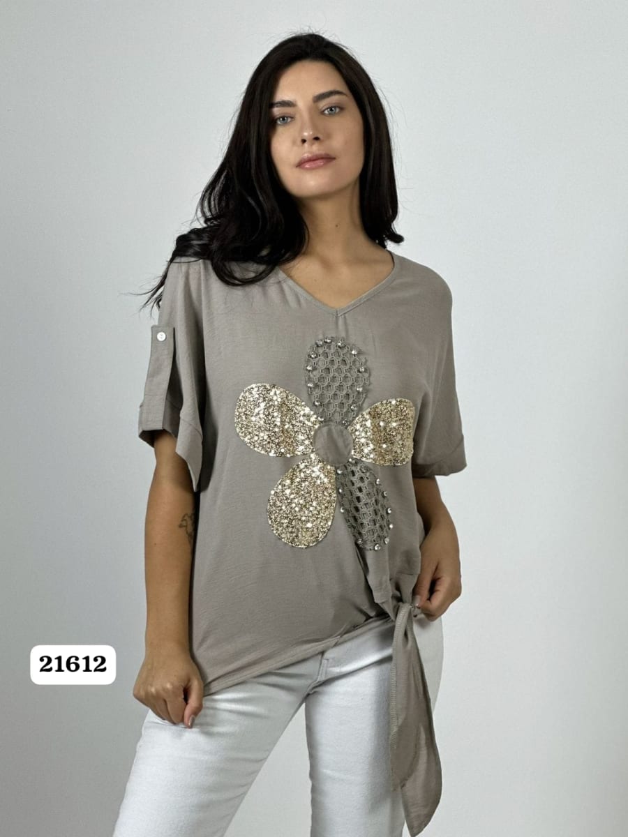 Polera Crepe Flor y Dorso Tejido Brillos Amarrada A1-198