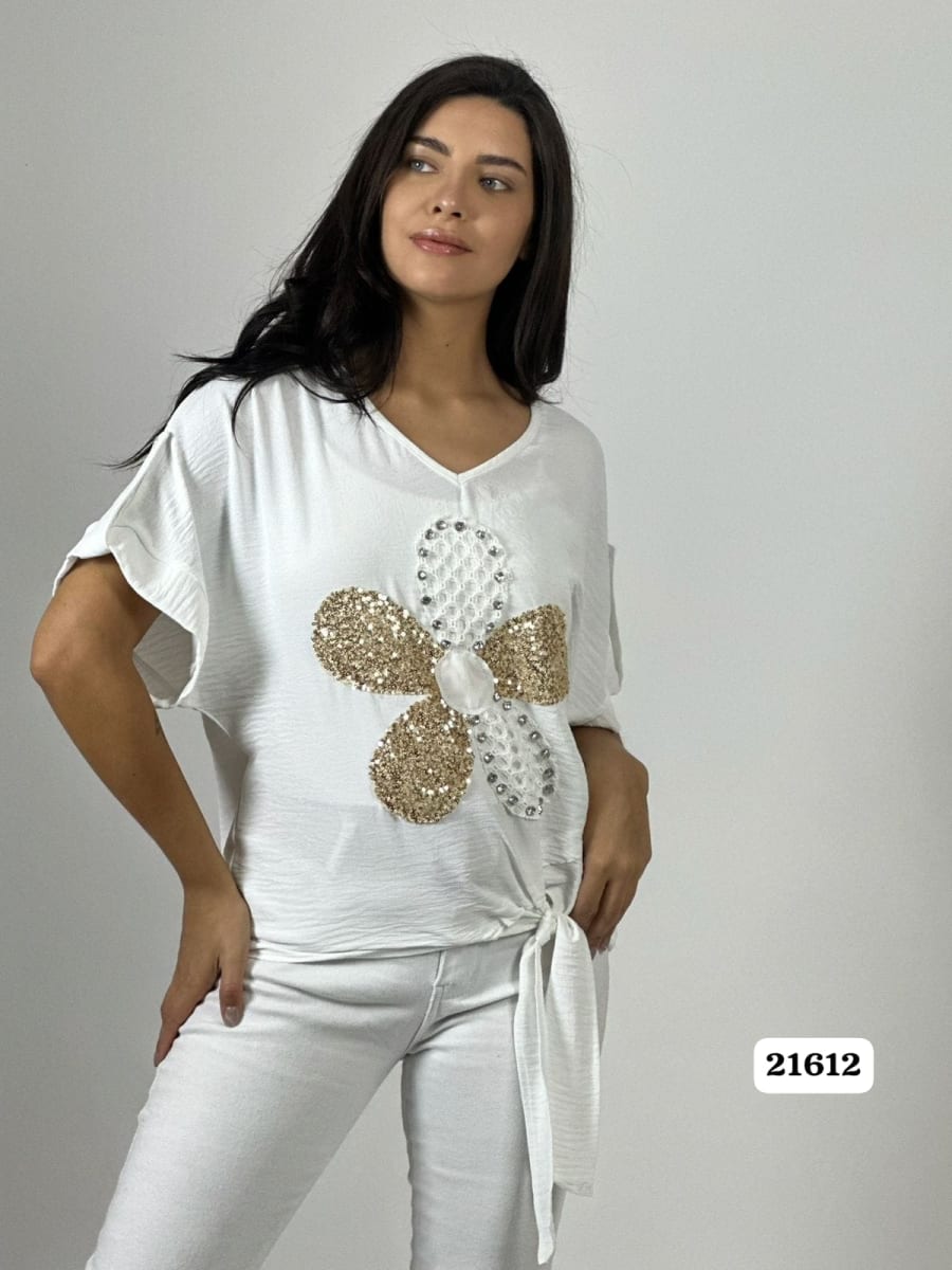 Polera Crepe Flor y Dorso Tejido Brillos Amarrada A1-1911