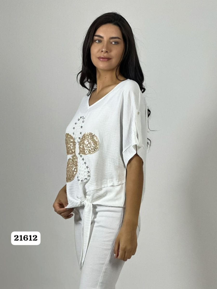 Polera Crepe Flor y Dorso Tejido Brillos Amarrada A1-1912