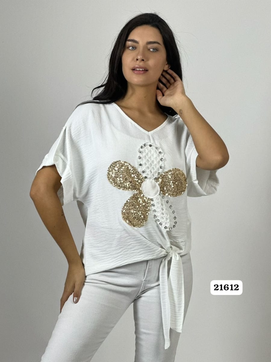 Polera Crepe Flor y Dorso Tejido Brillos Amarrada A1-1910