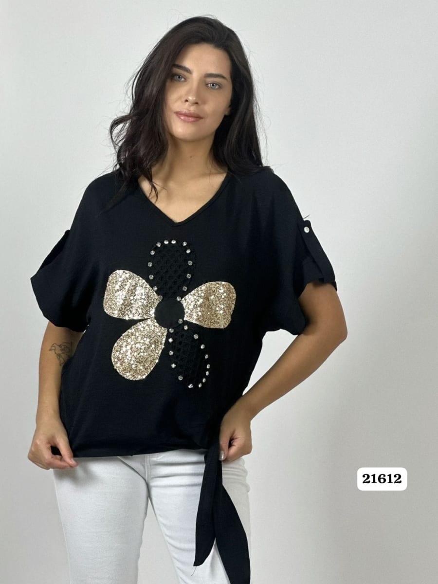 Polera Crepe Flor y Dorso Tejido Brillos Amarrada A1-1914