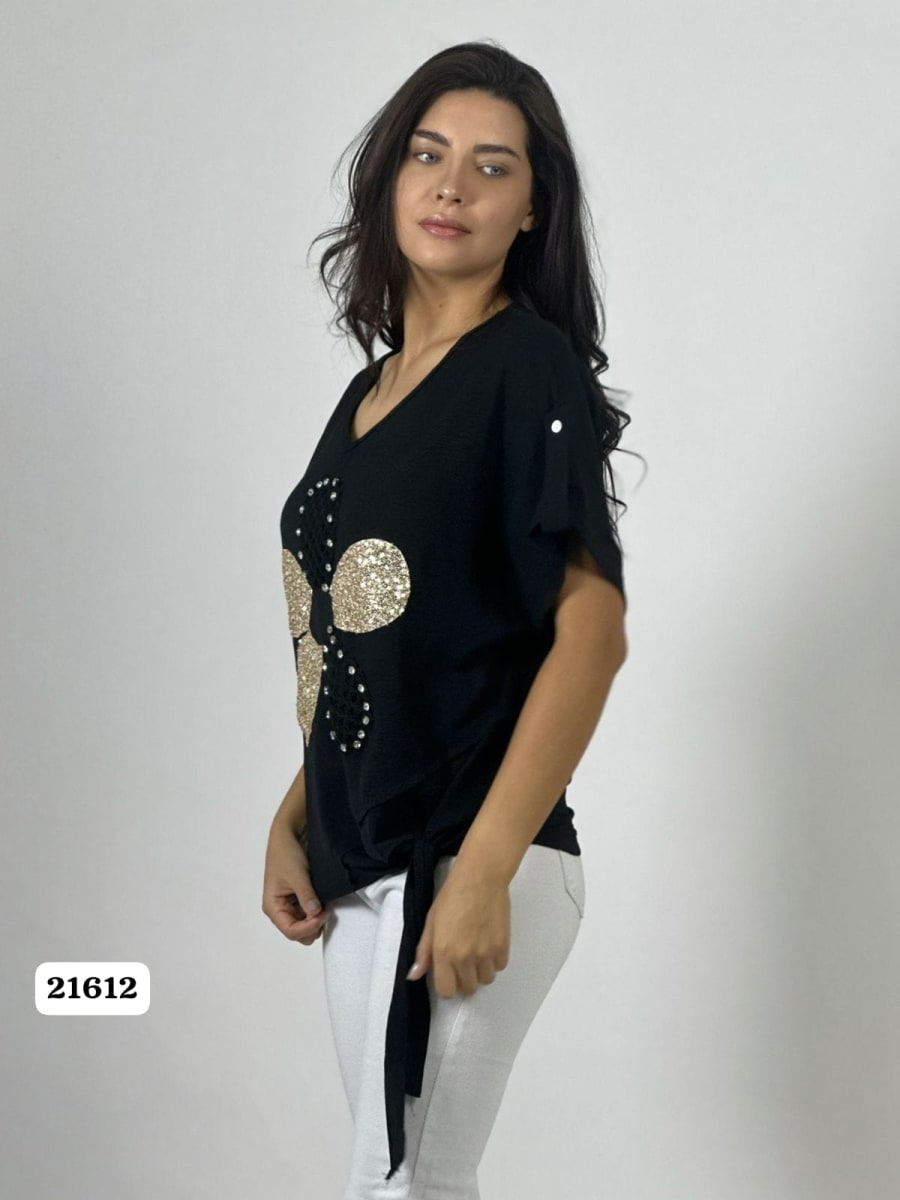 Polera Crepe Flor y Dorso Tejido Brillos Amarrada A1-1915