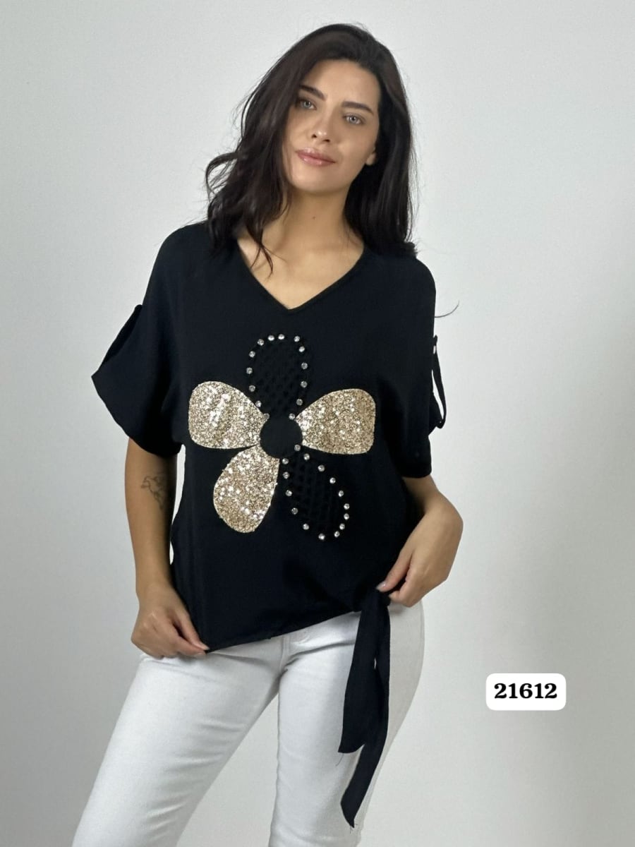 Polera Crepe Flor y Dorso Tejido Brillos Amarrada A1-1913