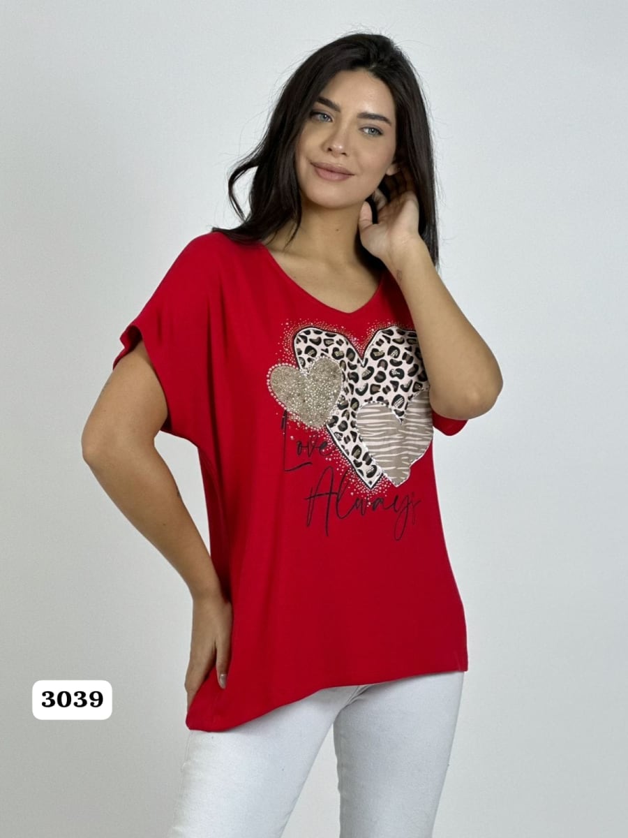 Polera Algodon 3 Corazones Print con Brillos A1-122