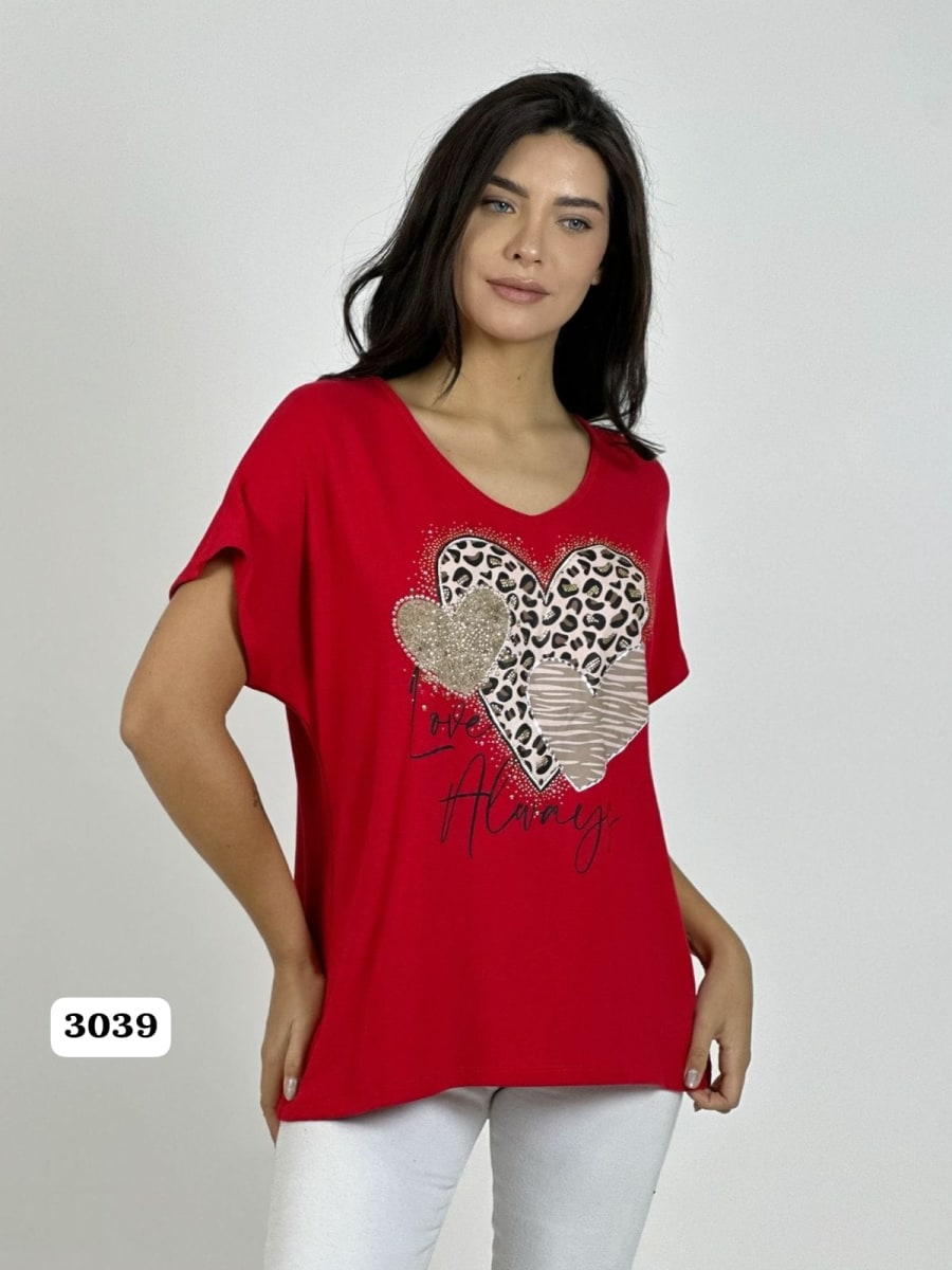 Polera Algodon 3 Corazones Print con Brillos A1-121