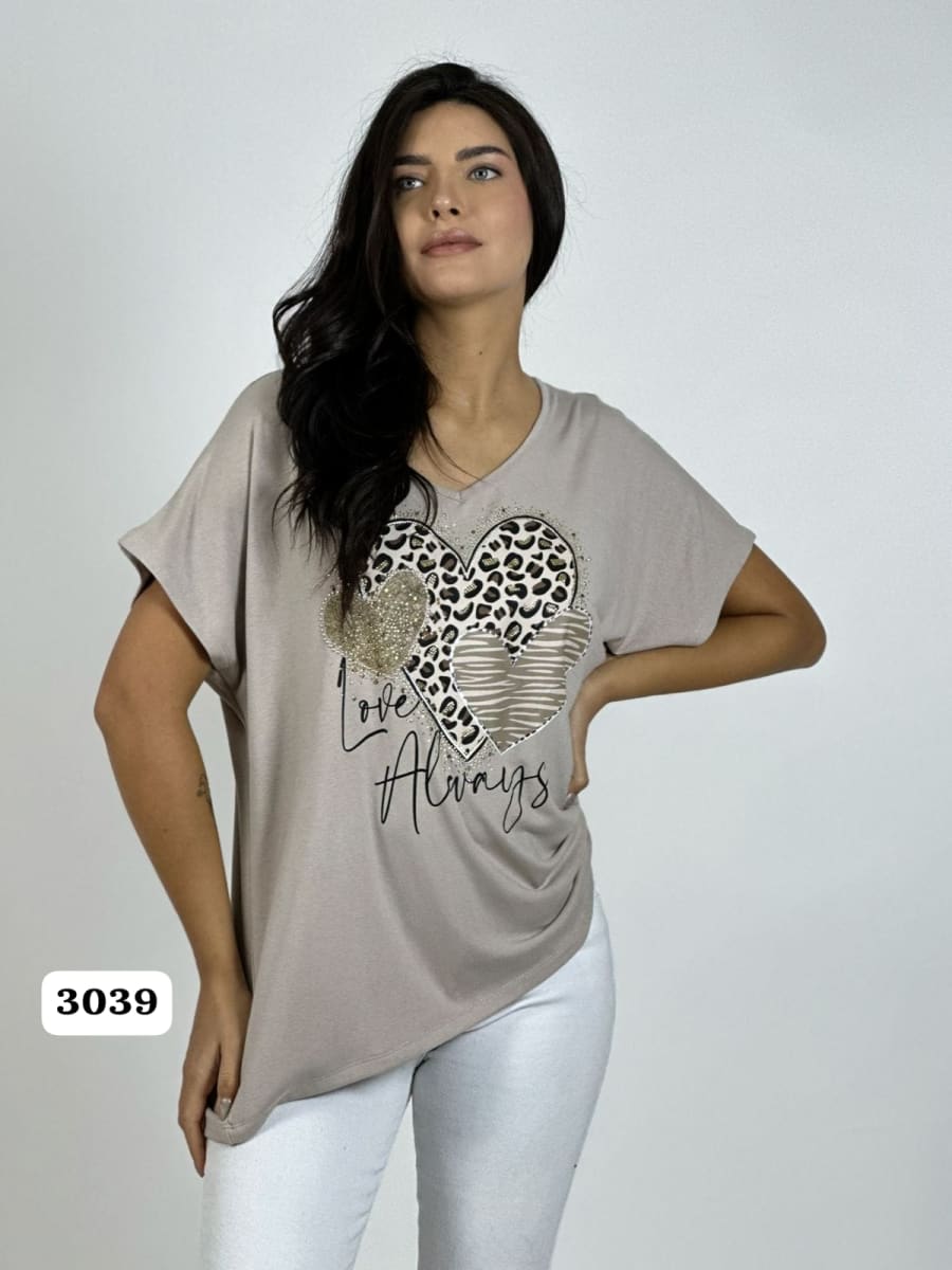 Polera Algodon 3 Corazones Print con Brillos A1-126