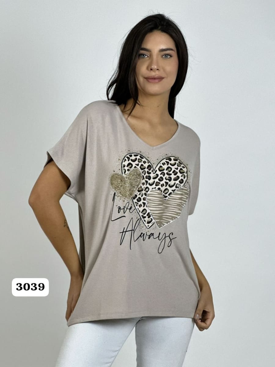Polera Algodon 3 Corazones Print con Brillos A1-125