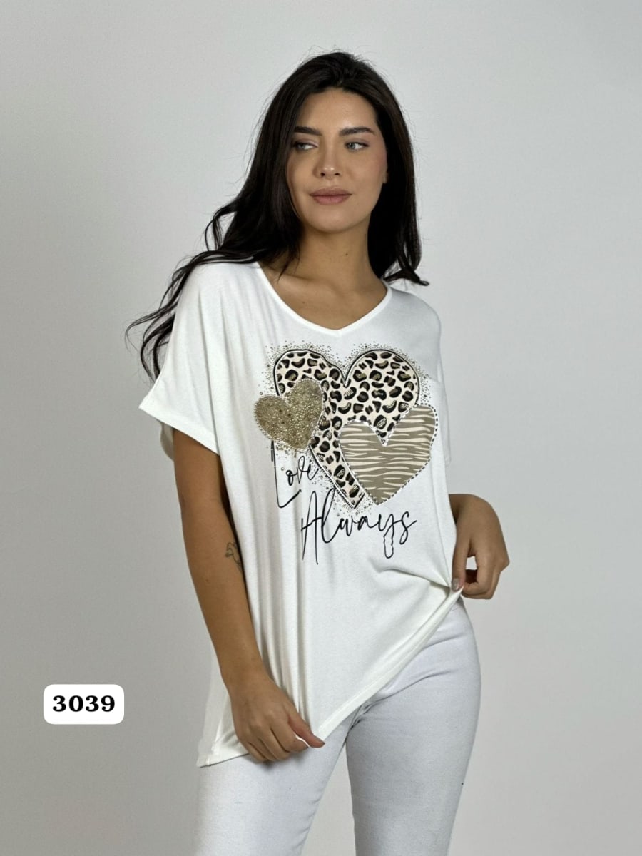 Polera Algodon 3 Corazones Print con Brillos A1-128