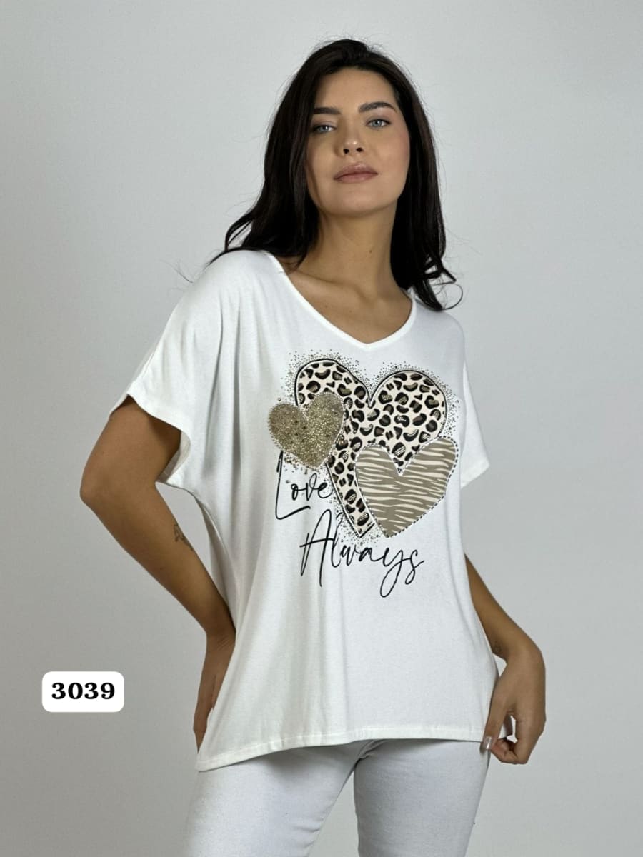Polera Algodon 3 Corazones Print con Brillos A1-129