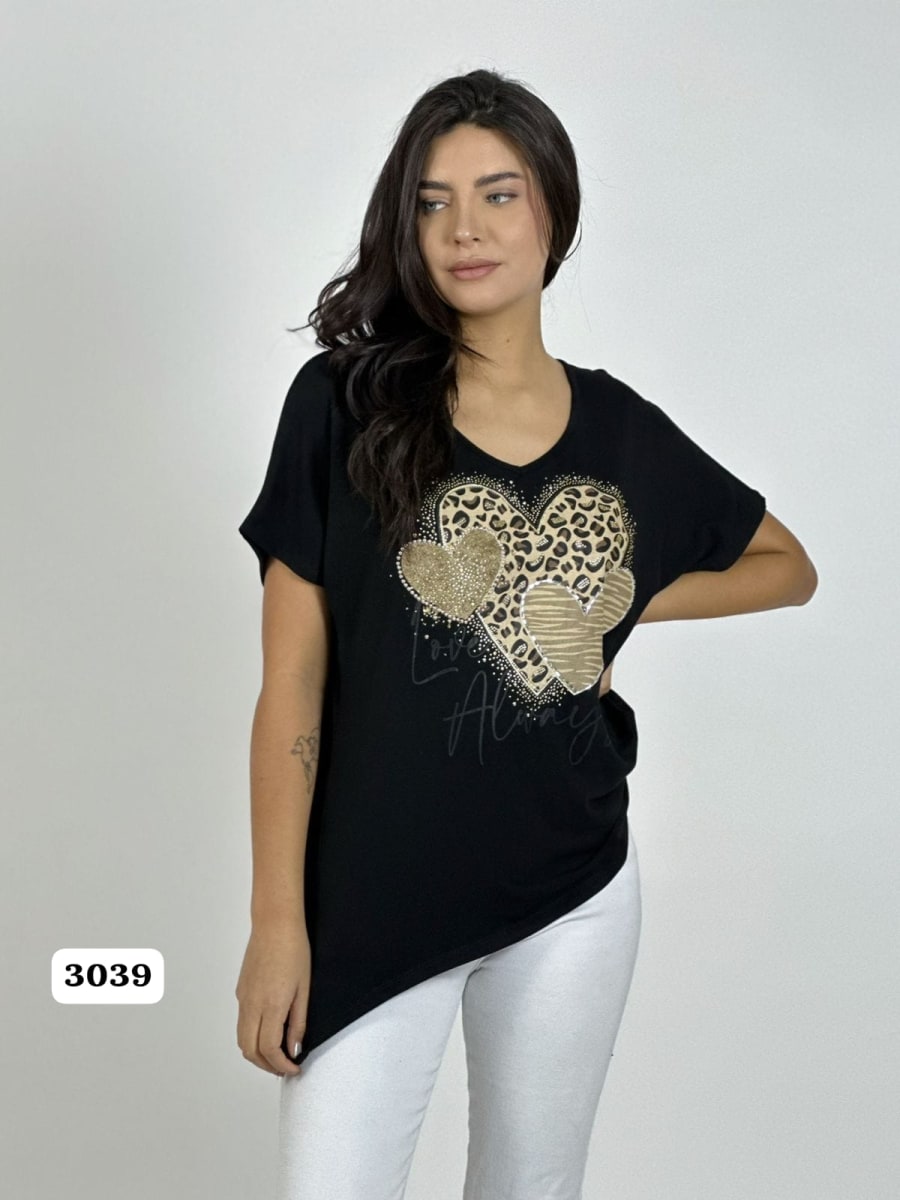 Polera Algodon 3 Corazones Print con Brillos A1-1211