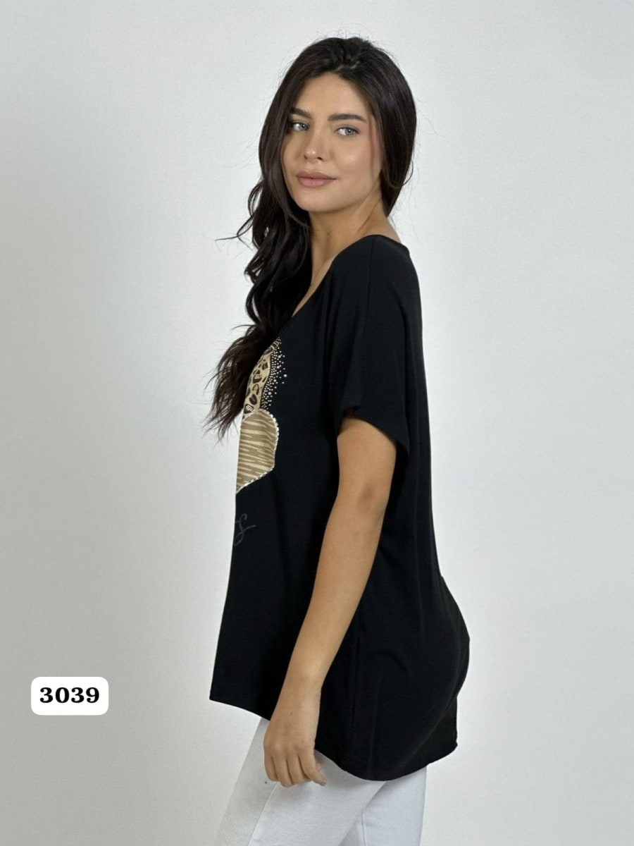 Polera Algodon 3 Corazones Print con Brillos A1-1213