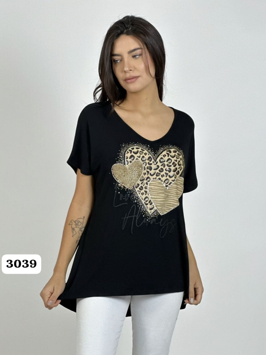 Polera Algodon 3 Corazones Print con Brillos A1-1212