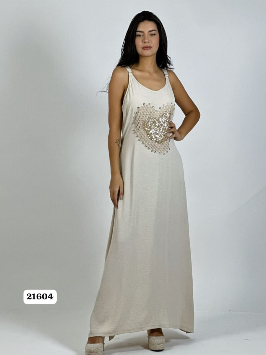 Vestido Lino Corazon Doble Tejido y Brillos A1-311