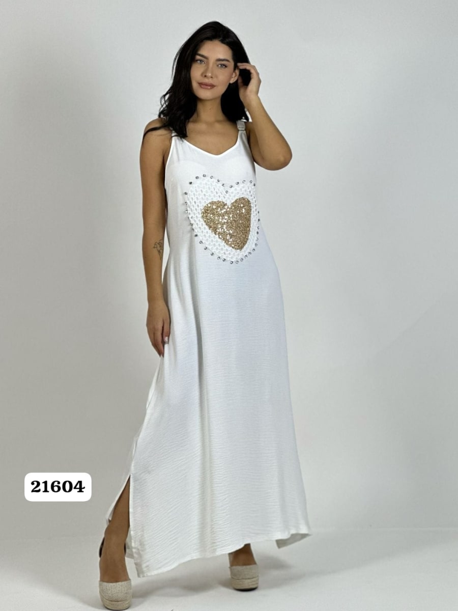 Vestido Lino Corazon Doble Tejido y Brillos A1-3111