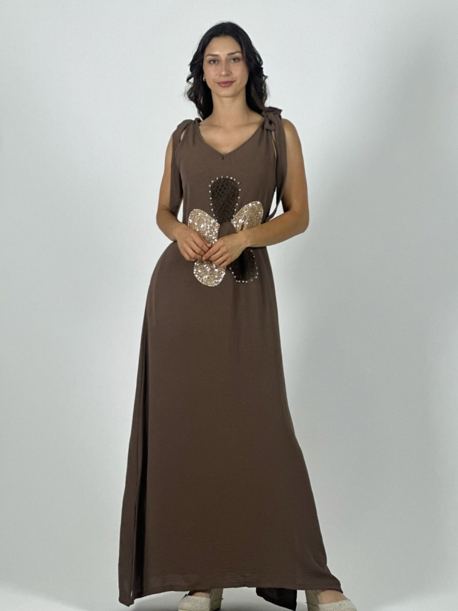 Vestido Lino Flor Tejida/Brillos Amarrada Hombros A4-905