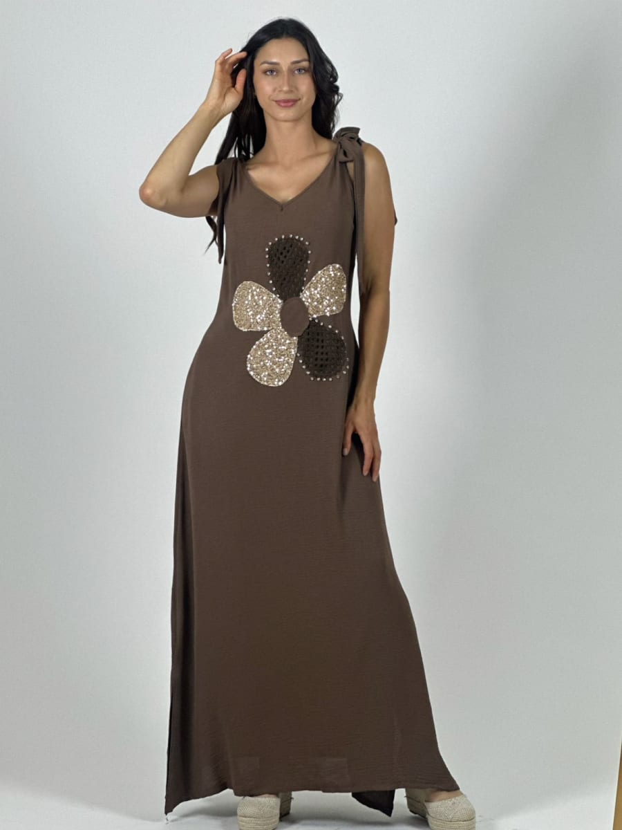 Vestido Lino Flor Tejida/Brillos Amarrada Hombros A4-904