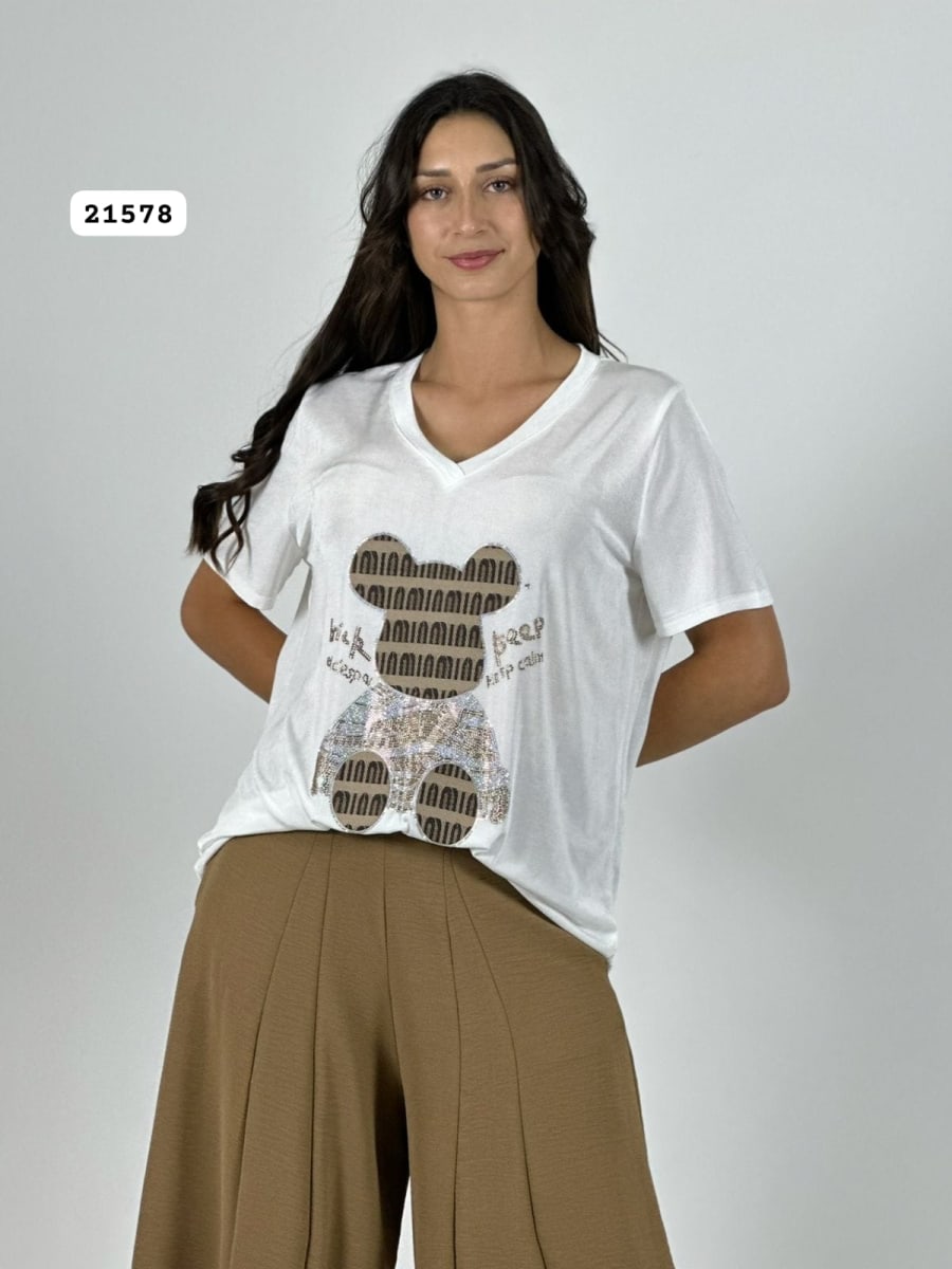Polera Algodon Oso y Letras Brillantes A1-301