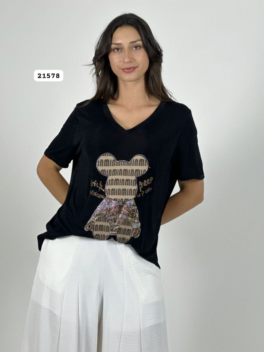 Polera Algodon Oso y Letras Brillantes A1-304