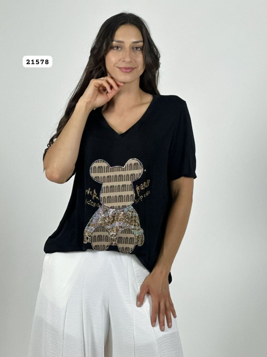 Polera Algodon Oso y Letras Brillantes A1-305