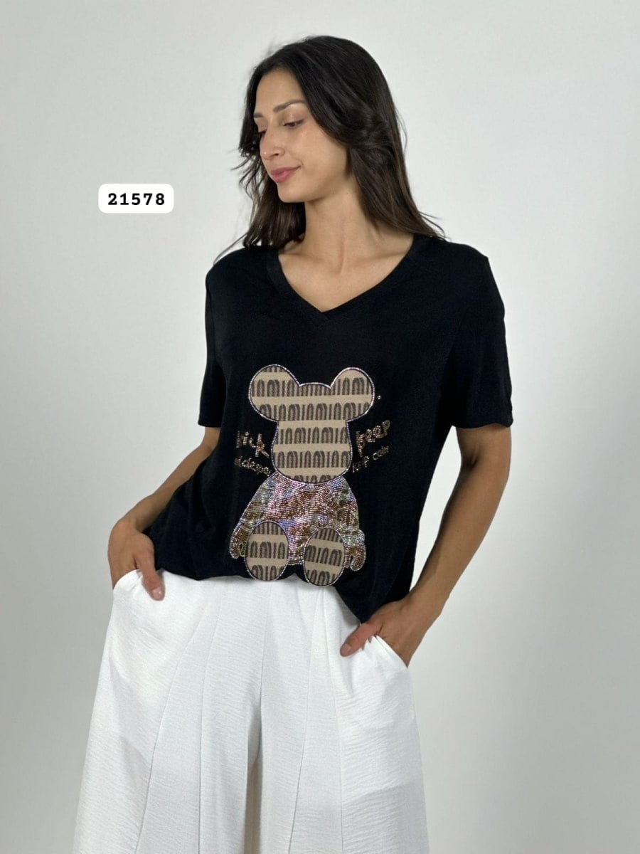 Polera Algodon Oso y Letras Brillantes A1-306