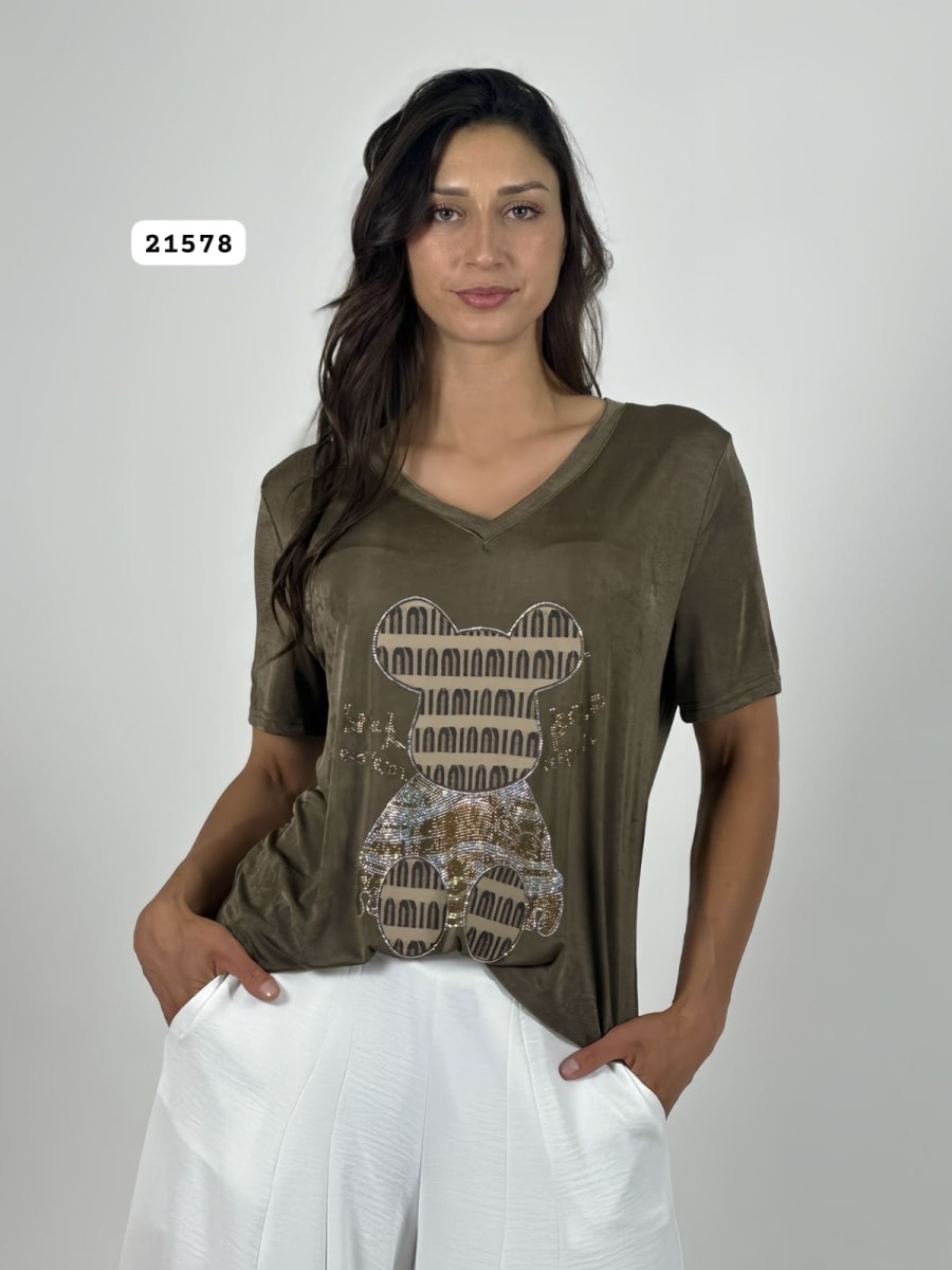 Polera Algodon Oso y Letras Brillantes A1-3011