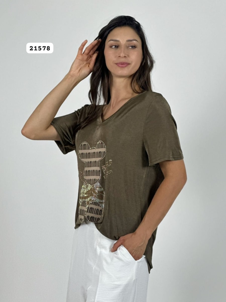 Polera Algodon Oso y Letras Brillantes A1-3013