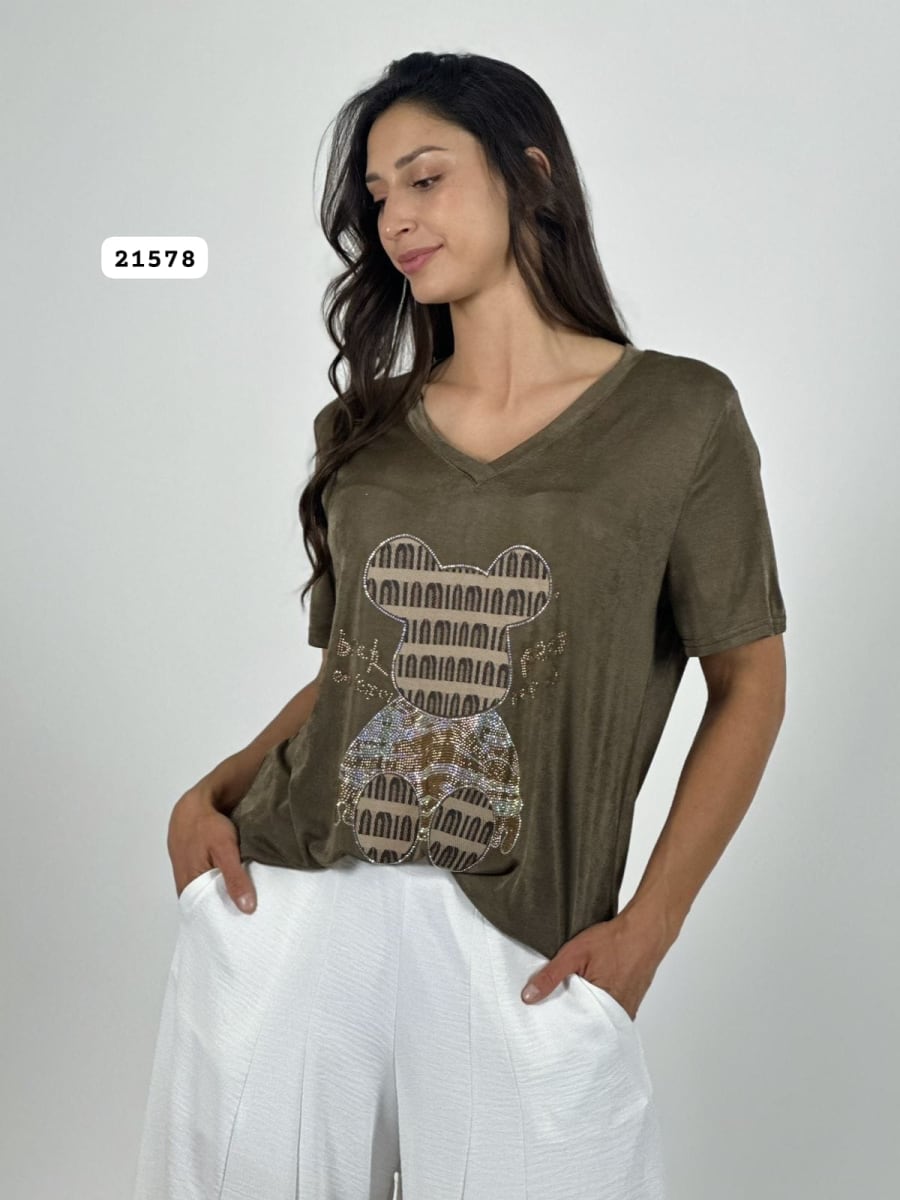 Polera Algodon Oso y Letras Brillantes A1-3012