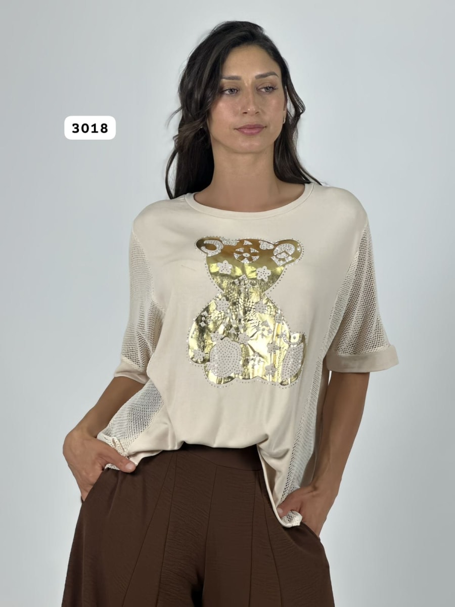 Polera Algodon Osito Dorado Mangas Tejidas A1-307