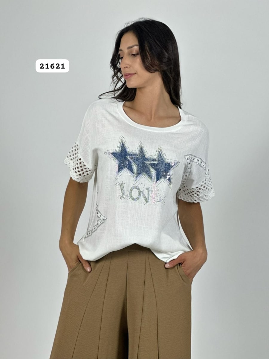 Polera Lino Mangas Tejidas 3 Estrellas LOVE A2-592