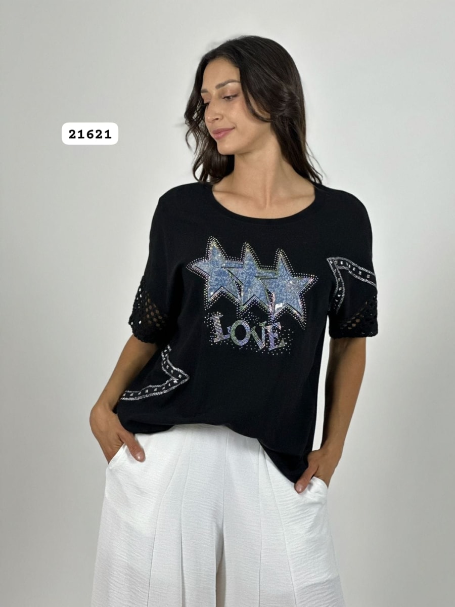 Polera Lino Mangas Tejidas 3 Estrellas LOVE A2-596