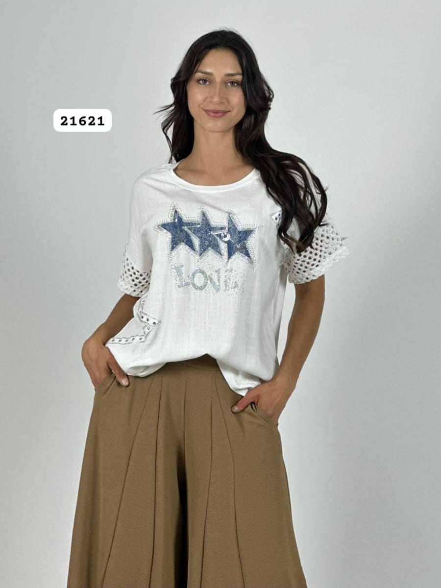Polera Lino Mangas Tejidas 3 Estrellas LOVE A2-591