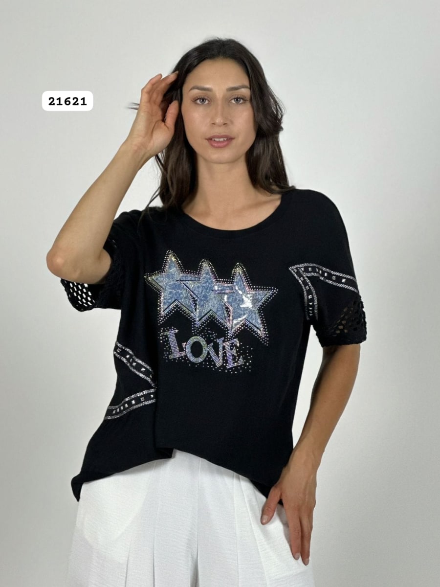Polera Lino Mangas Tejidas 3 Estrellas LOVE A2-595