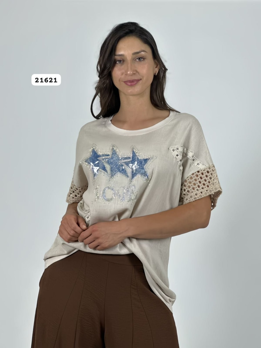 Polera Lino Mangas Tejidas 3 Estrellas LOVE A2-598