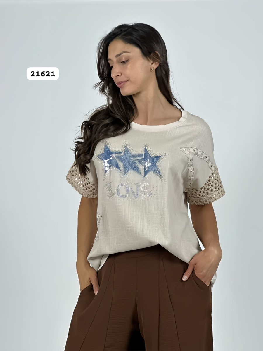 Polera Lino Mangas Tejidas 3 Estrellas LOVE A2-599