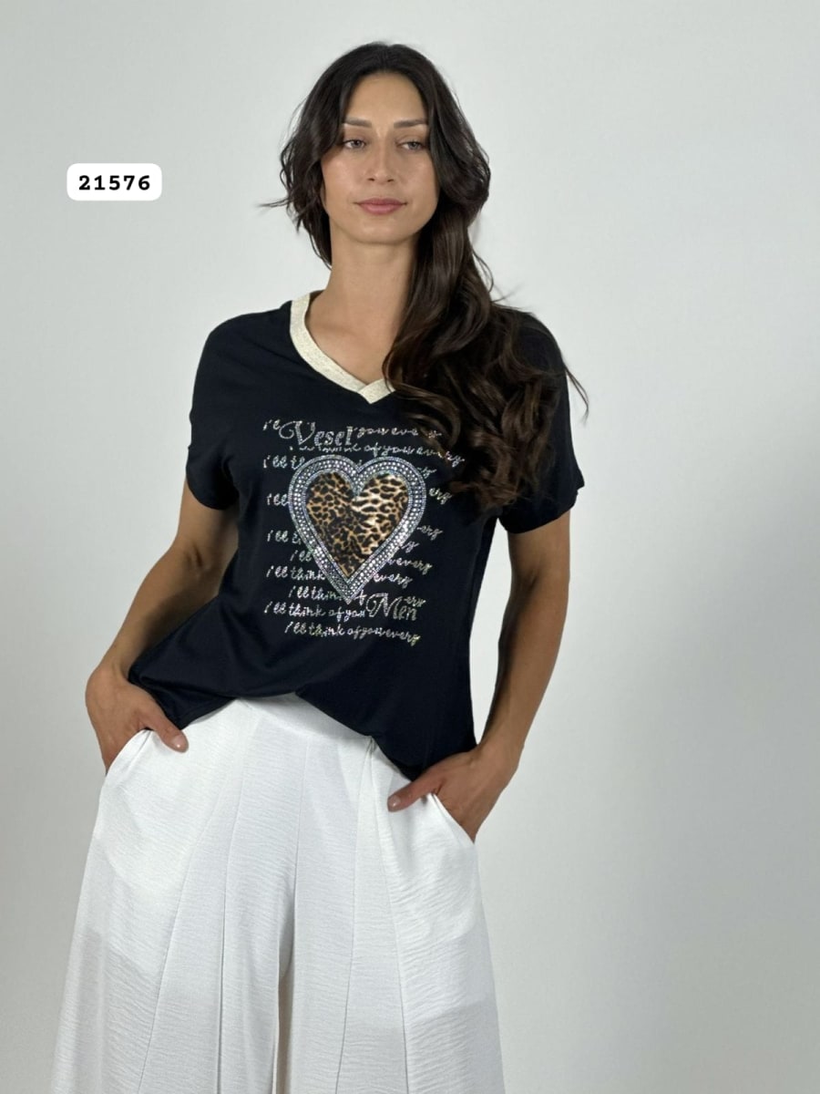 Polera Algodon Corazon Brillos/Print con Letras A1-492