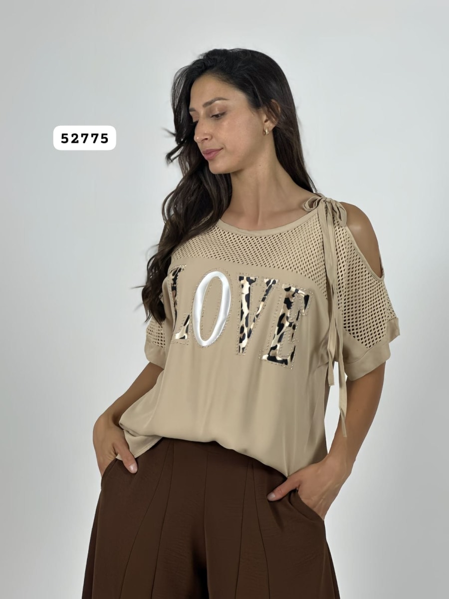 Polera Lino Hombros Tejidos LOVE Print A3-7013