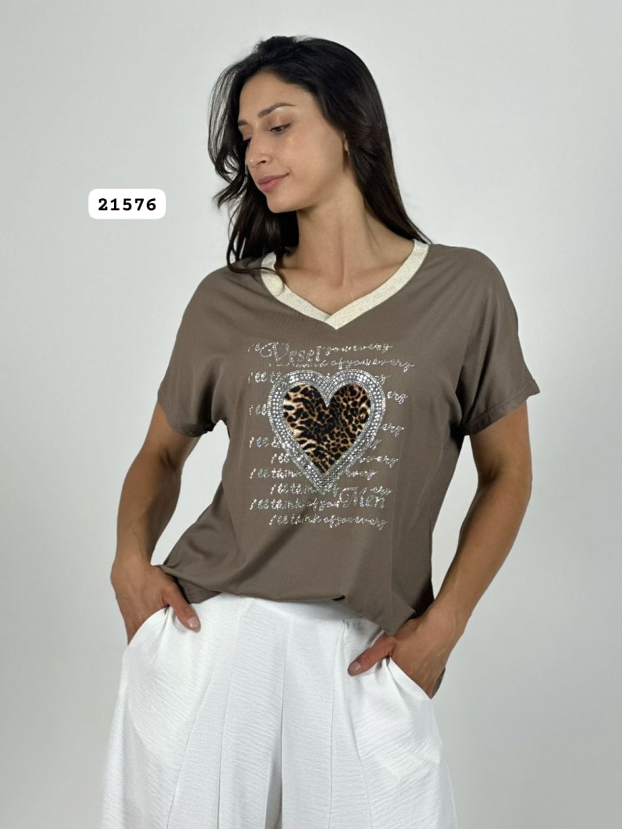 Polera Algodon Corazon Brillos/Print con Letras A1-494