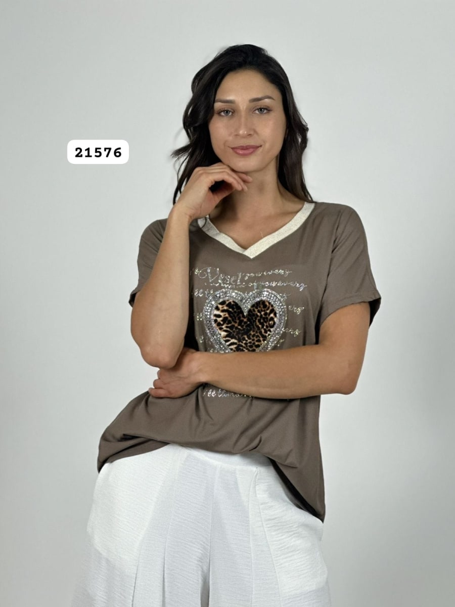 Polera Algodon Corazon Brillos/Print con Letras A1-493