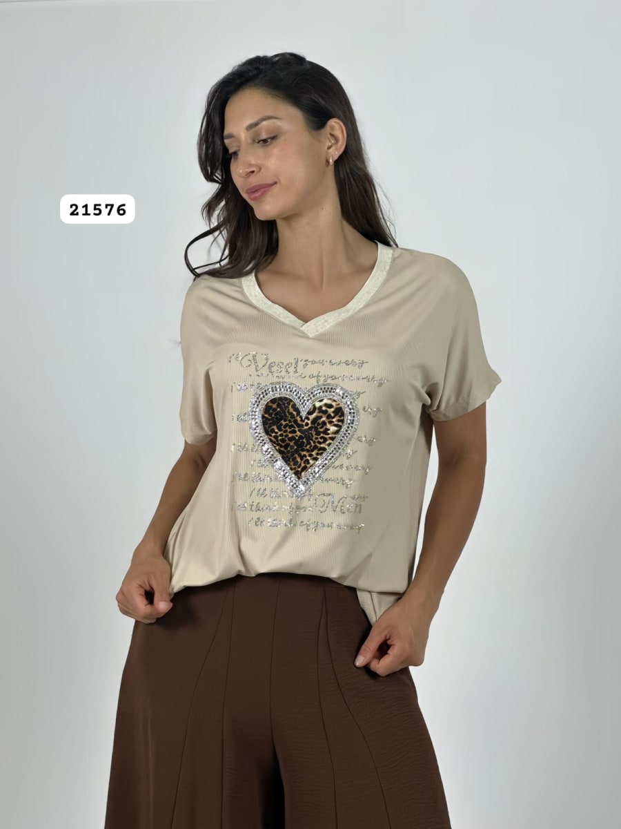 Polera Algodon Corazon Brillos/Print con Letras A1-498