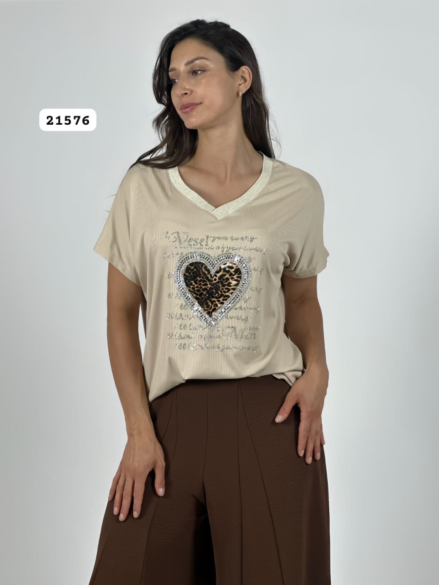 Polera Algodon Corazon Brillos/Print con Letras A1-497